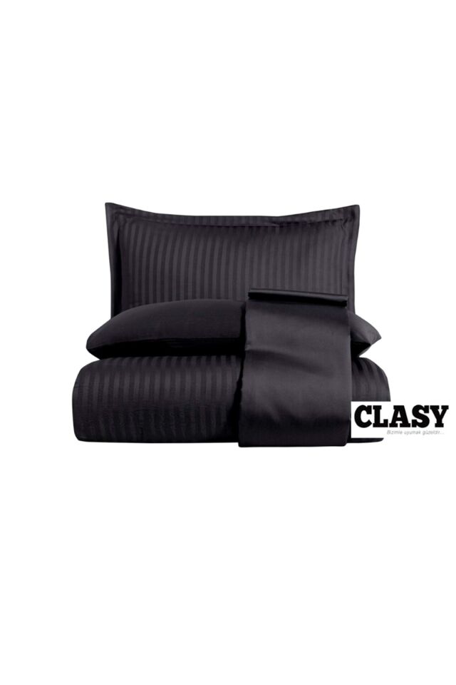 Clasy Çift Kişilik Çizgili Saten Nevresim Takımı Düz Renk V1 Siyah