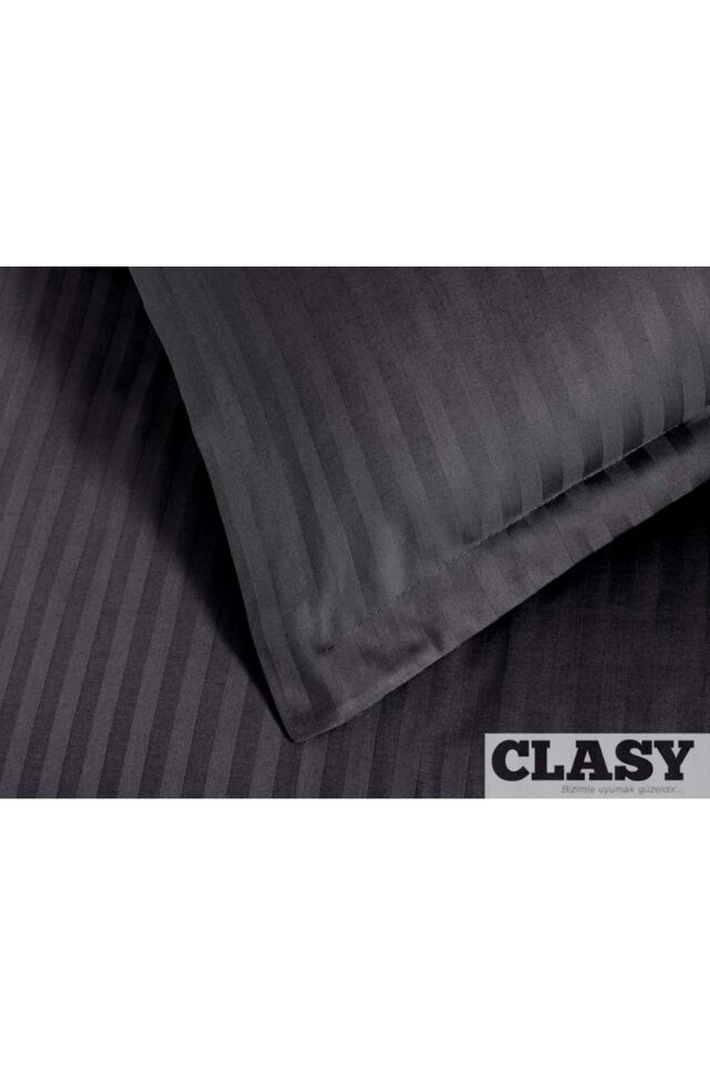 Clasy Çift Kişilik Çizgili Saten Nevresim Takımı Düz Renk V1 Siyah
