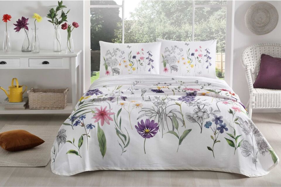 Taç Beauty Lila Çift Kişilik Pike Takımı Fitted Çarşaf