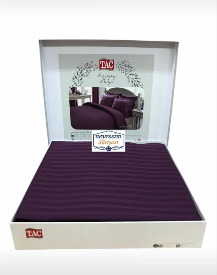 Taç Çift Kişilik Premium Basic Stripe Saten Nevresim Takımı (Mürdüm)