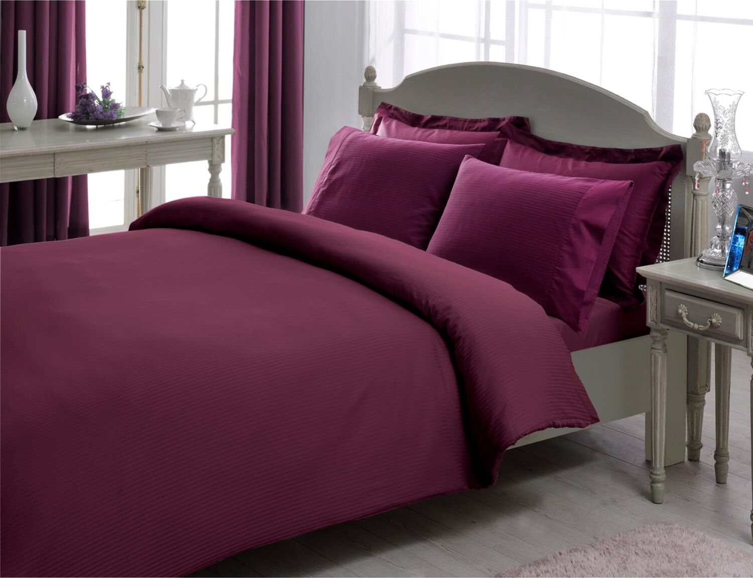 Taç Çift Kişilik Premium Basic Stripe Saten Nevresim Takımı (Mürdüm)