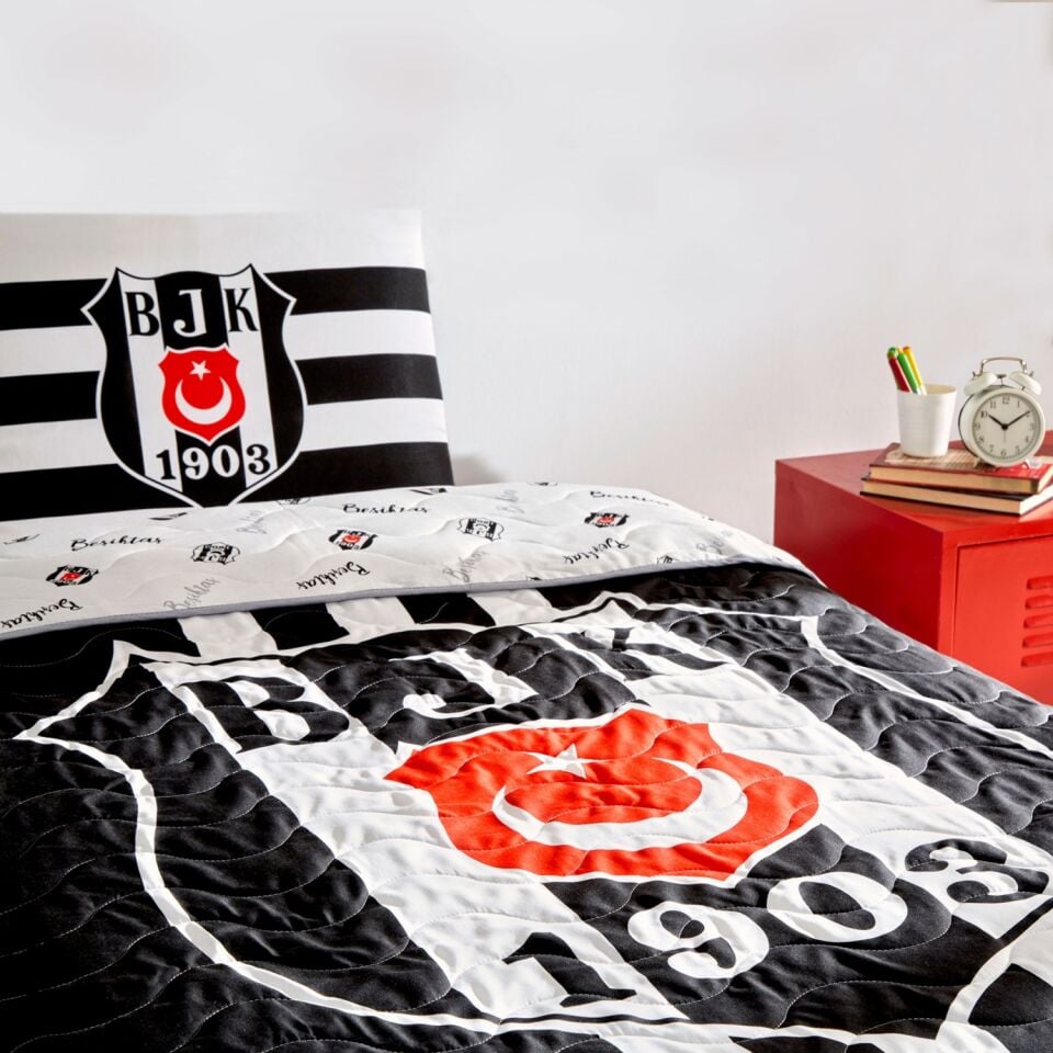 Taç Beşiktaş Stripe Tek Kişilik Yatak Örtüsü Seti Beşiktaş Lisans